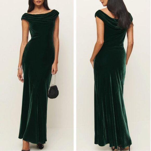 Reformation Dresses & Skirts - Reformation Elvie Velvet Maxi Dress Gown Sz2 Emerald Green Holiday Cocktail